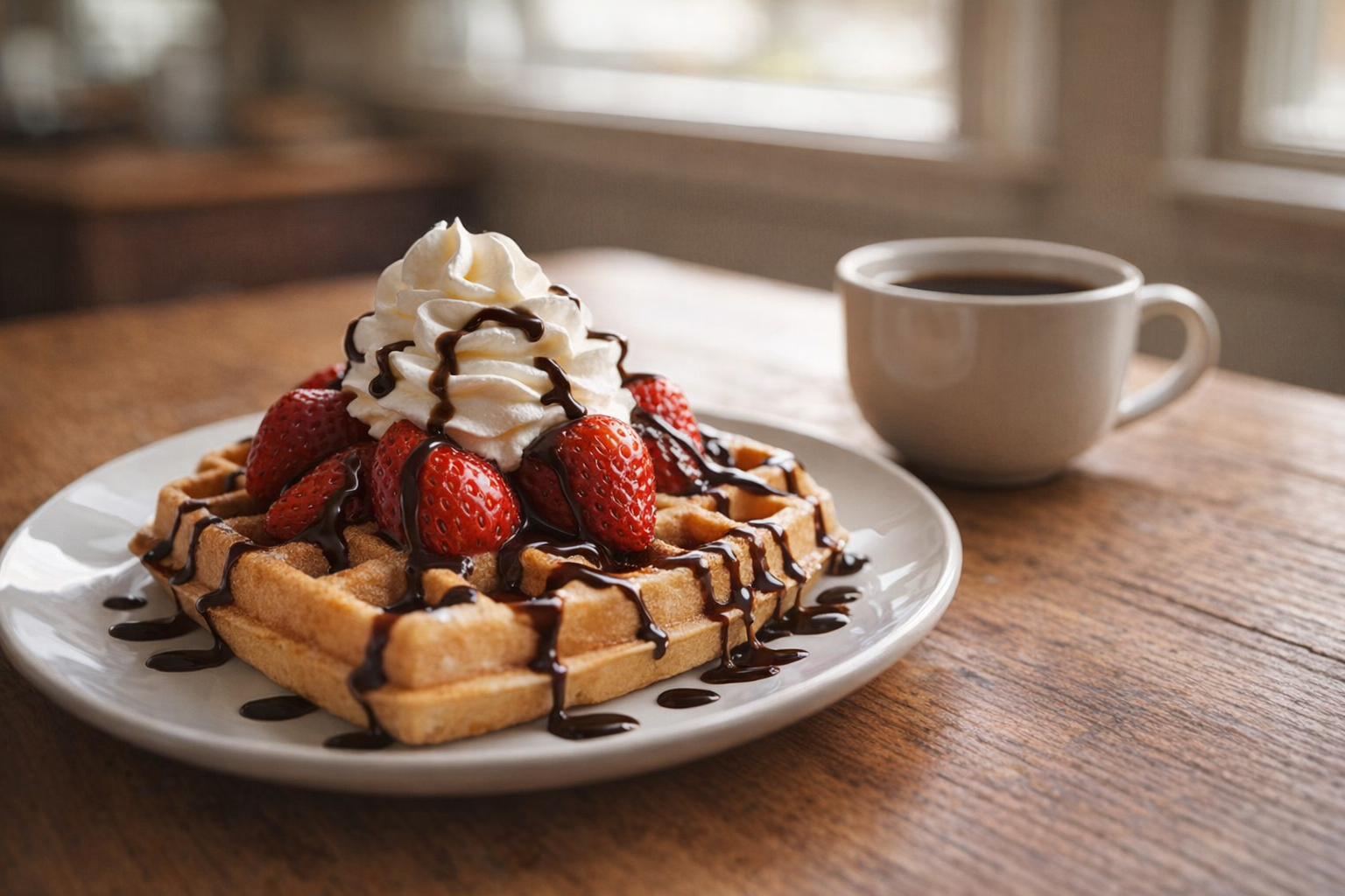 An eye-level shot of a plated waffle with strawberries, whipped cream, and a drizzle of chocolate sauce, set on a wooden table with a cup of coffee, soft morning light